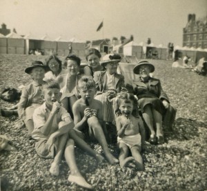 Joyce's family on the beach, Deal, 1950